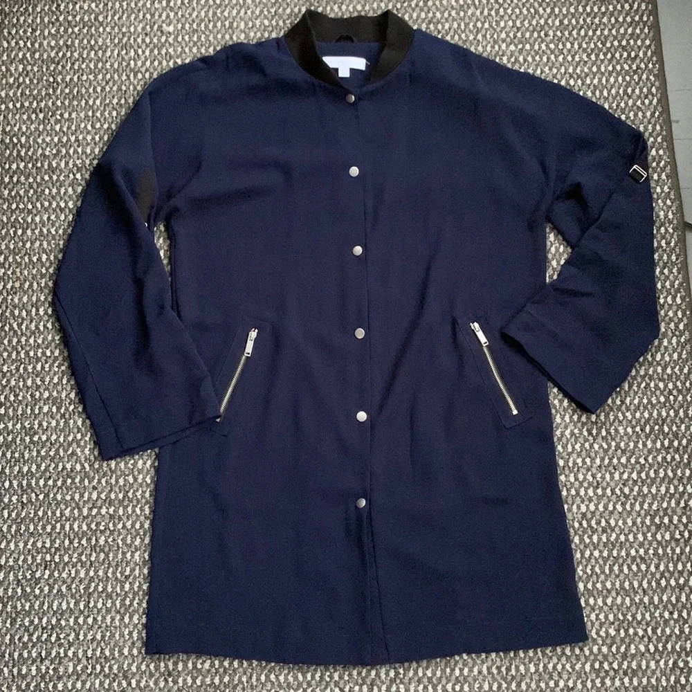 New York & Company Navy Blue Long Bomber Jacket - Picture 1 of 8